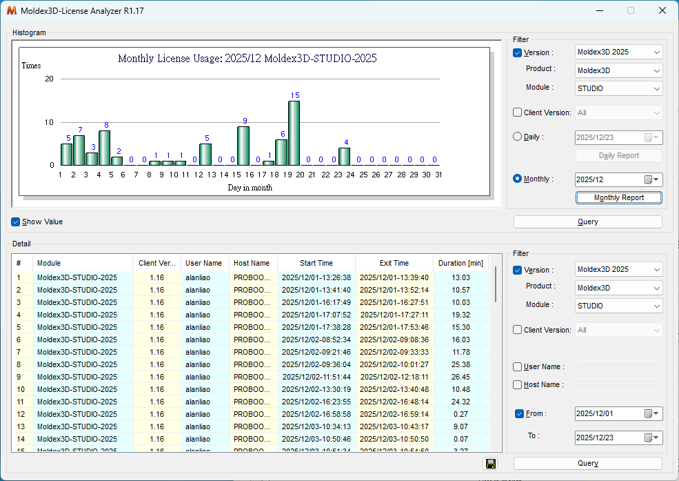 RE: 如何檢視Moldex3D模組Studio使用狀況統計?